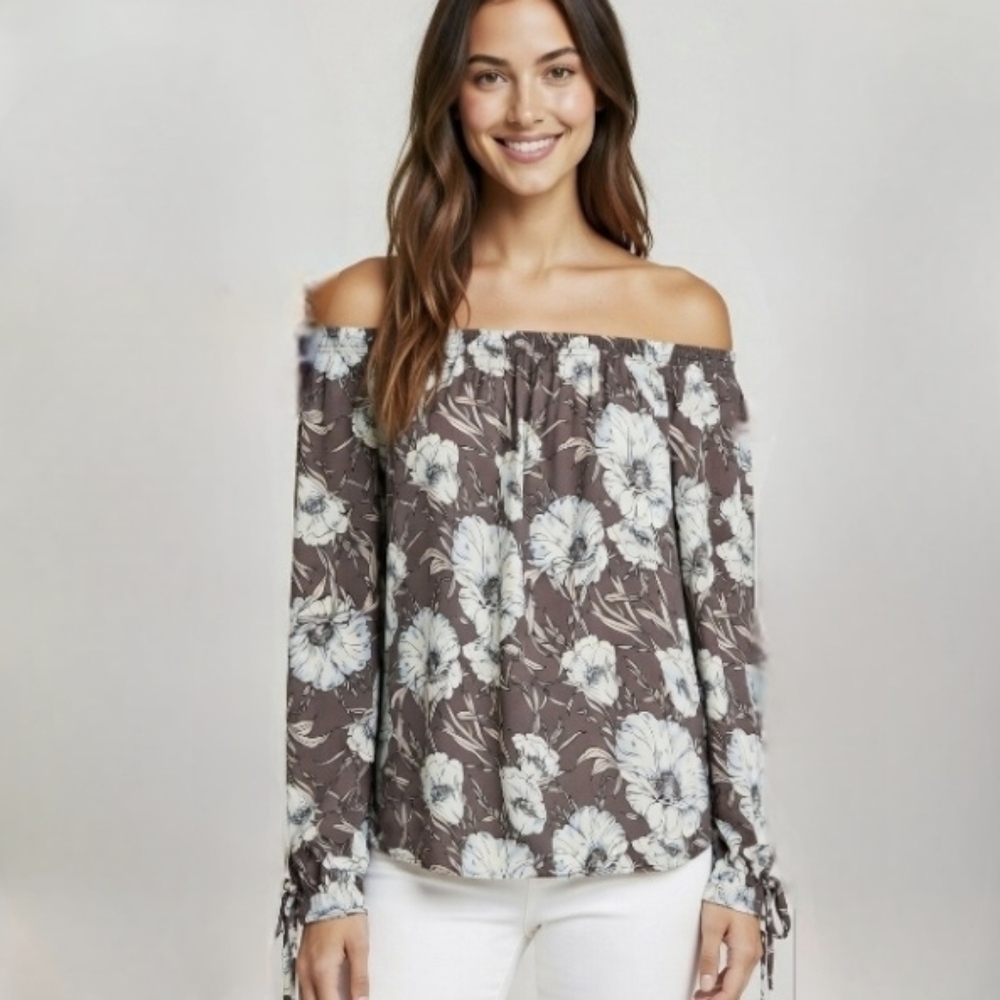 Nordstrom One Clothing Off The Shoulder Gray Blue Floral Flutter Tie Sleeve Top